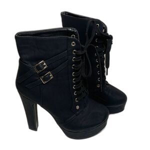 Platform 5.5” Lace Up Buckle Punk Combat Bootie Faux Leather Heel